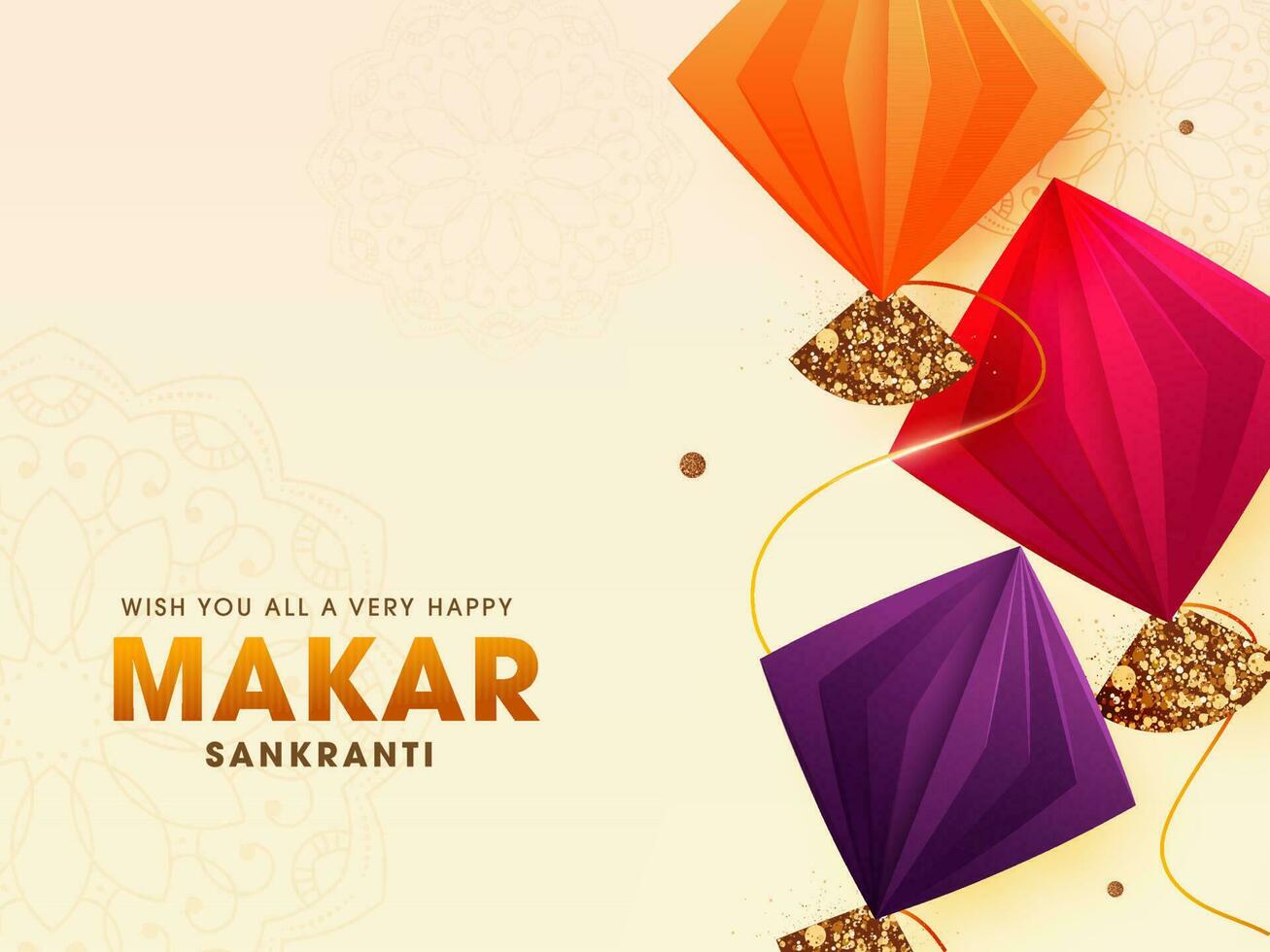 feliz Makar Sankranti desejos com colorida origami papel pipas em cósmico café com leite mandala fundo. vetor