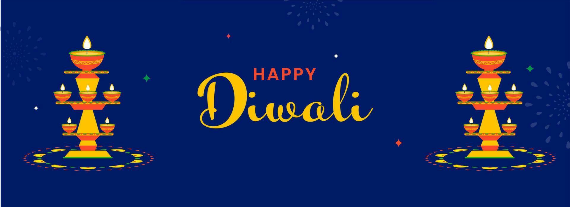 feliz diwali celebração conceito com aceso óleo lâmpadas carrinhos em azul fundo. vetor