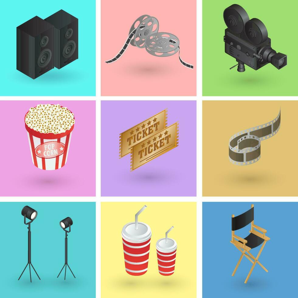 coleção do colorida cinema ou filme objetos dentro 3d estilo. vetor