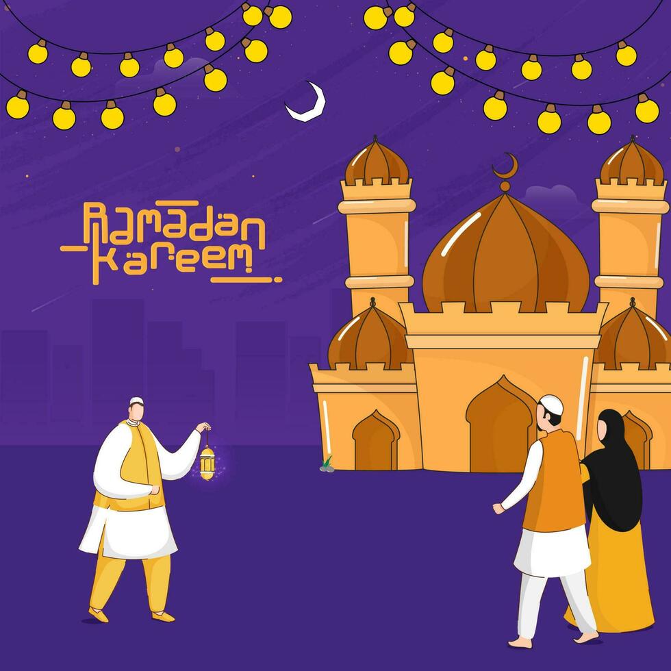 Ramadã kareem conceito com desenho animado islâmico pessoas dentro frente do mesquita, crescente lua e lâmpada cordas decorado em roxa fundo. vetor