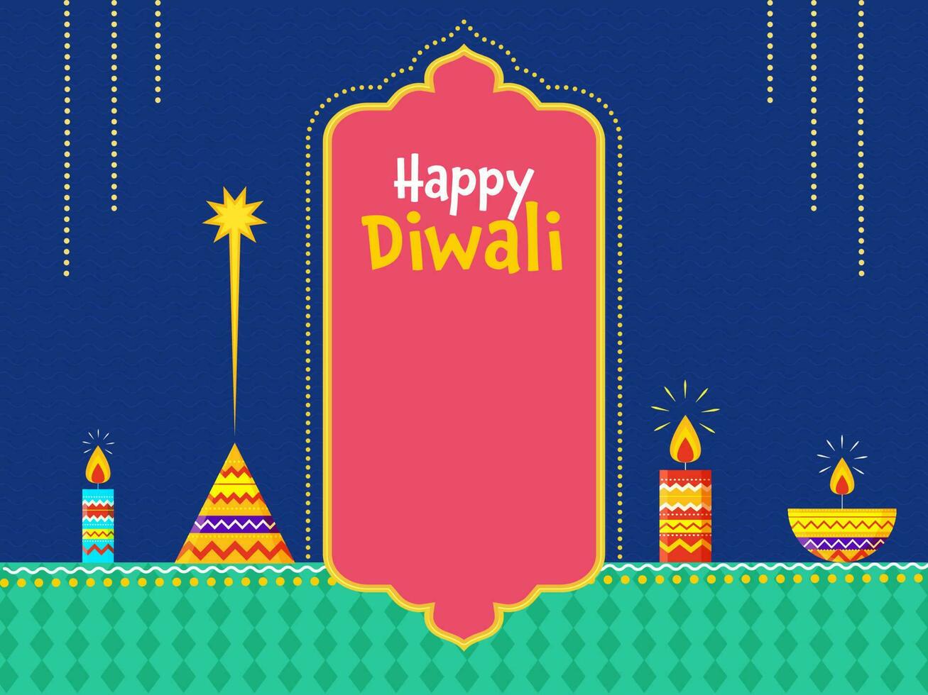 feliz diwali celebração conceito com aceso velas, óleo luminária e fogo de artifício anar em azul e verde fundo. vetor