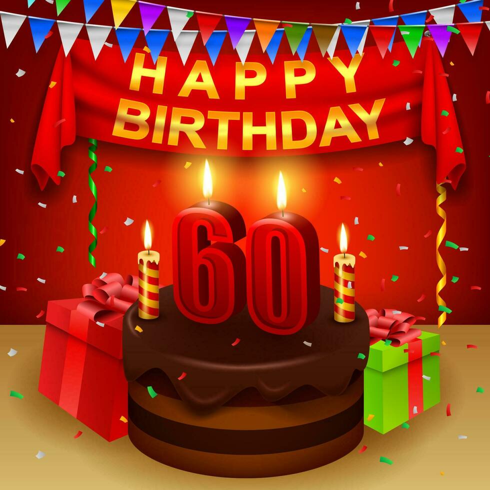 feliz 60 aniversário com chocolate creme bolo e triangular bandeira, vetor ilustração
