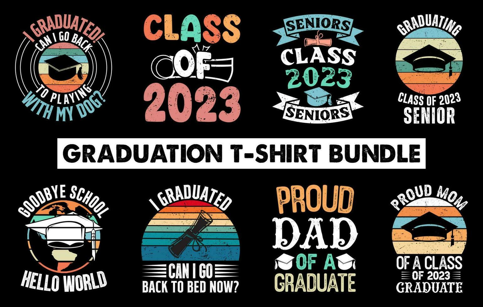 graduação t camisa Projeto pacote, Parabéns graduados classe do 2023, vintage t camisa conjunto vetor