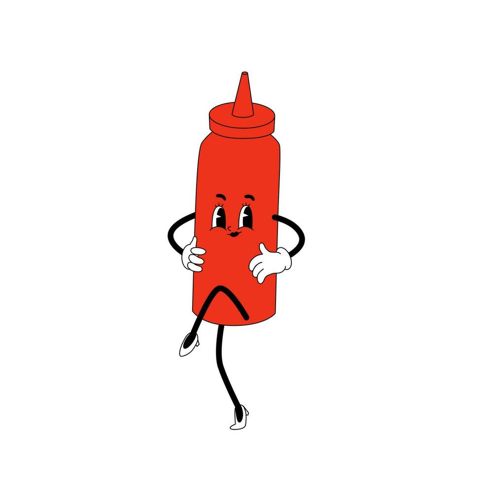 vetor desenho animado retro mascote do ketchup molho. tomate garrafa dentro desenho animado estilo. feliz na moda discoteca mascote. vintage estilo anos 60, Anos 70 velho animação.