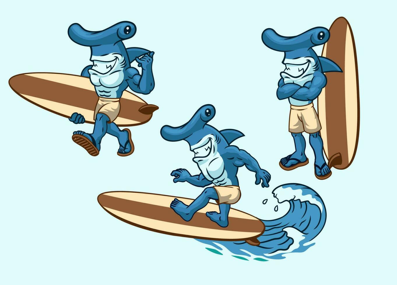 cabeça de martelo Tubarão surfista desenho animado conjunto vetor