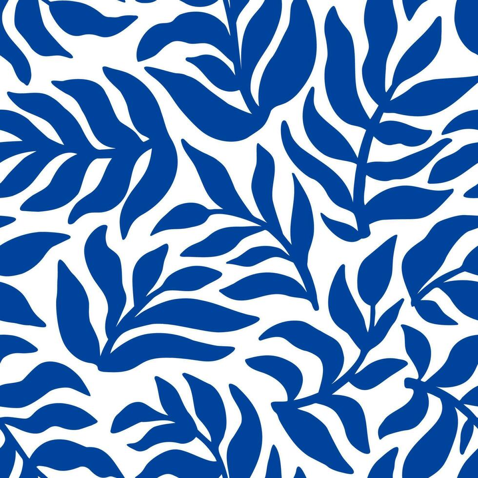 azul Matisse plantas desatado padronizar. mínimo abstrato floral tropical repetir imprimir. à mão livre rabisco colagem. orgânico folhas fundo, simples natureza formas verão botânico vetor papel de parede.