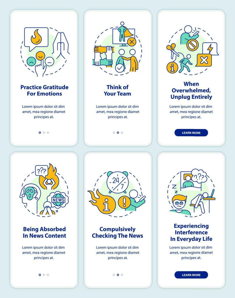 notícia sobrecarga onboarding Móvel aplicativo tela definir. meios de comunicação consumo passo a passo 3 passos editável gráfico instruções com linear conceitos. interface do usuário, ux, gui modelo vetor