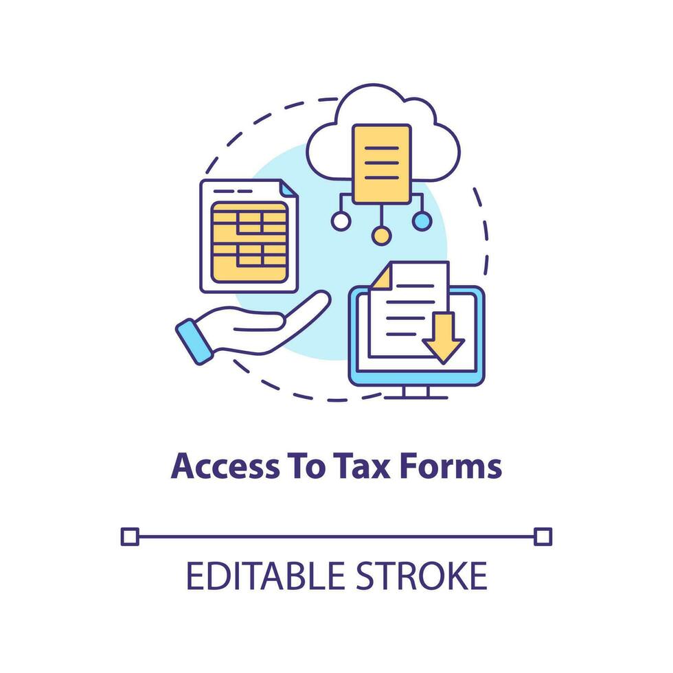 Acesso para imposto formulários conceito ícone. folha de pagamento gestão Programas benefício abstrato idéia fino linha ilustração. isolado esboço desenho. editável acidente vascular encefálico vetor