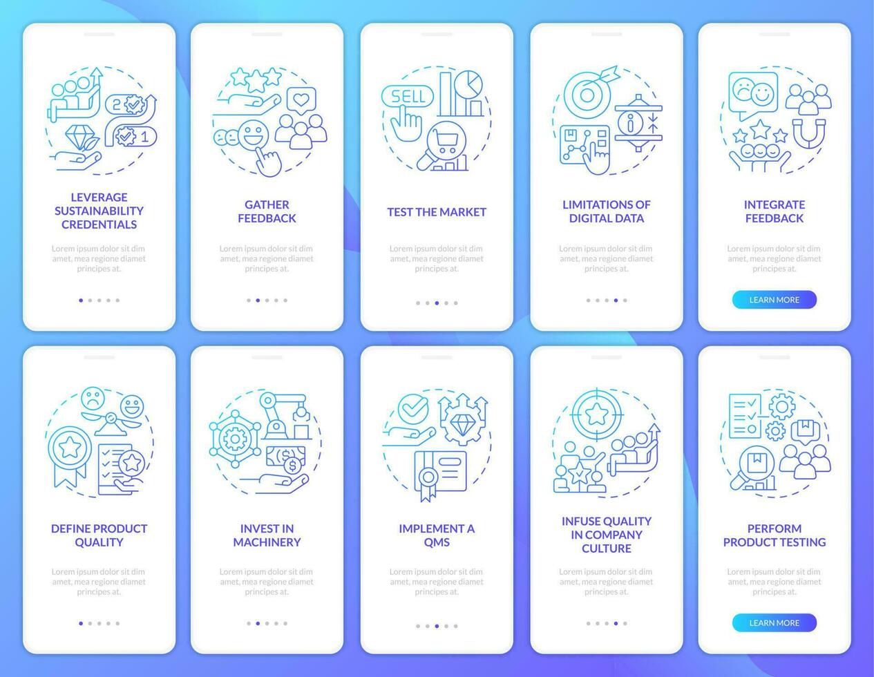 marca longevidade e qualidade azul gradiente onboarding Móvel aplicativo tela definir. passo a passo 5 gráfico instruções com linear conceitos. interface do usuário, ux, gui modelo vetor