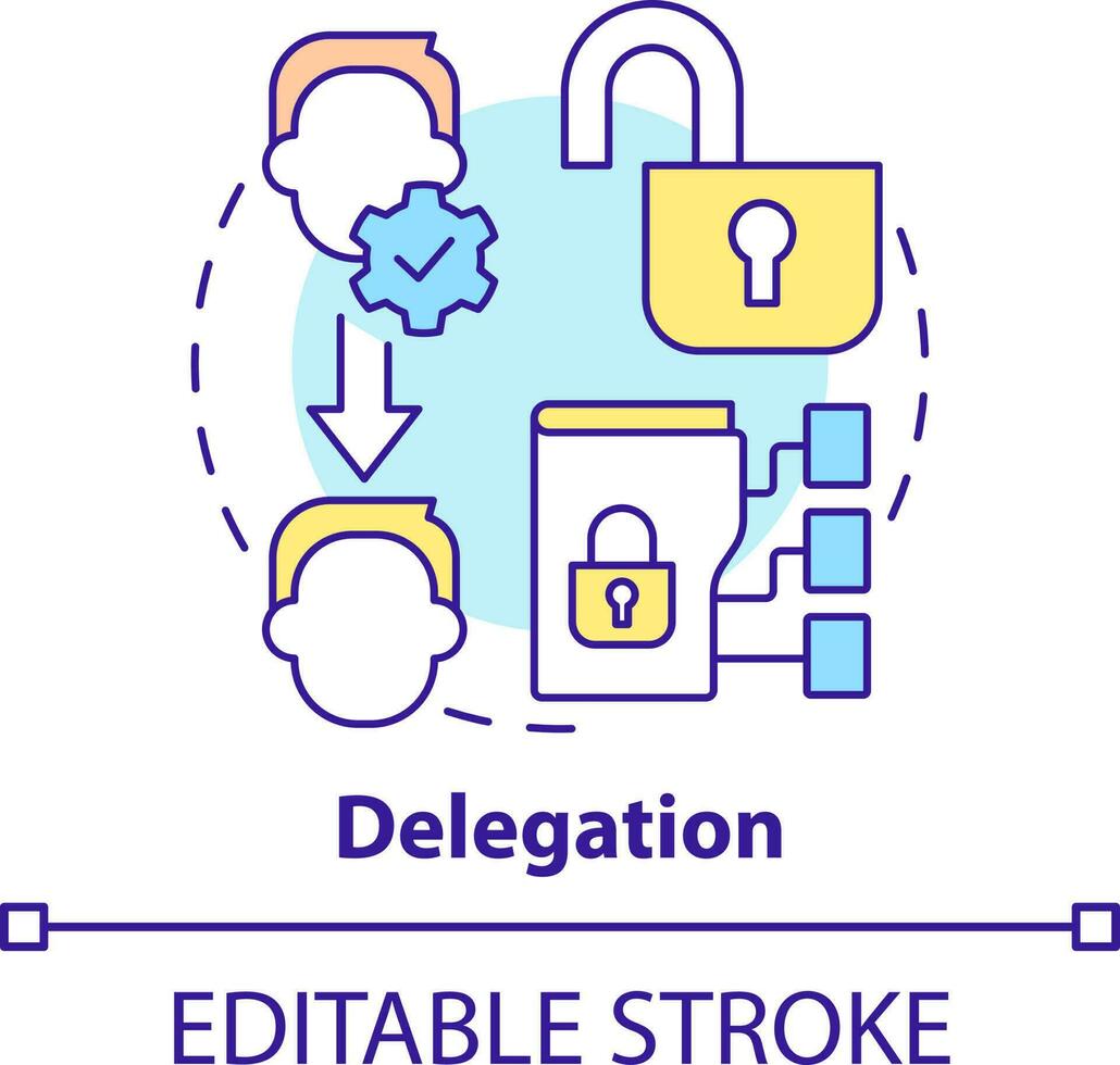 delegação conceito ícone. identidade gestão capacidade abstrato idéia fino linha ilustração. sistema modificações. isolado esboço desenho. editável acidente vascular encefálico vetor