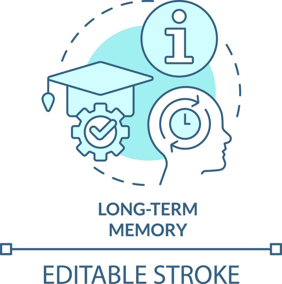 longo prazo memória turquesa conceito ícone. conhecimento retenção abstrato idéia fino linha ilustração. em formação armazenar. isolado esboço desenho. editável acidente vascular encefálico vetor