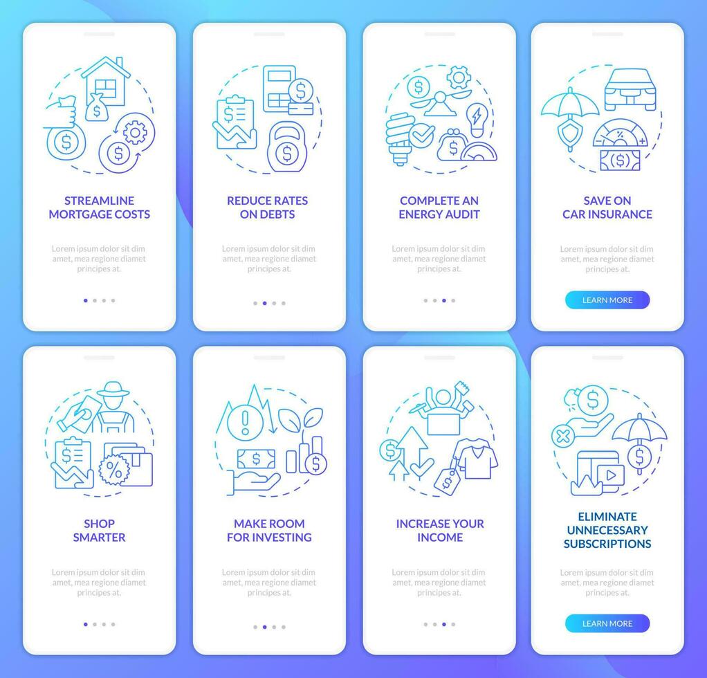 financeiro planejamento para inflação azul gradiente onboarding Móvel aplicativo tela definir. passo a passo 4 passos gráfico instrução com linear conceitos. interface do usuário, ux, gui modelo vetor