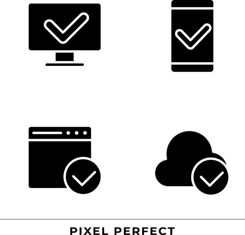 marcas de verificação dentro digital tecnologias Preto glifo ícones conjunto em branco espaço. aprovado Acesso para pessoal dispositivos. silhueta símbolos. sólido pictograma pacote. vetor isolado ilustração