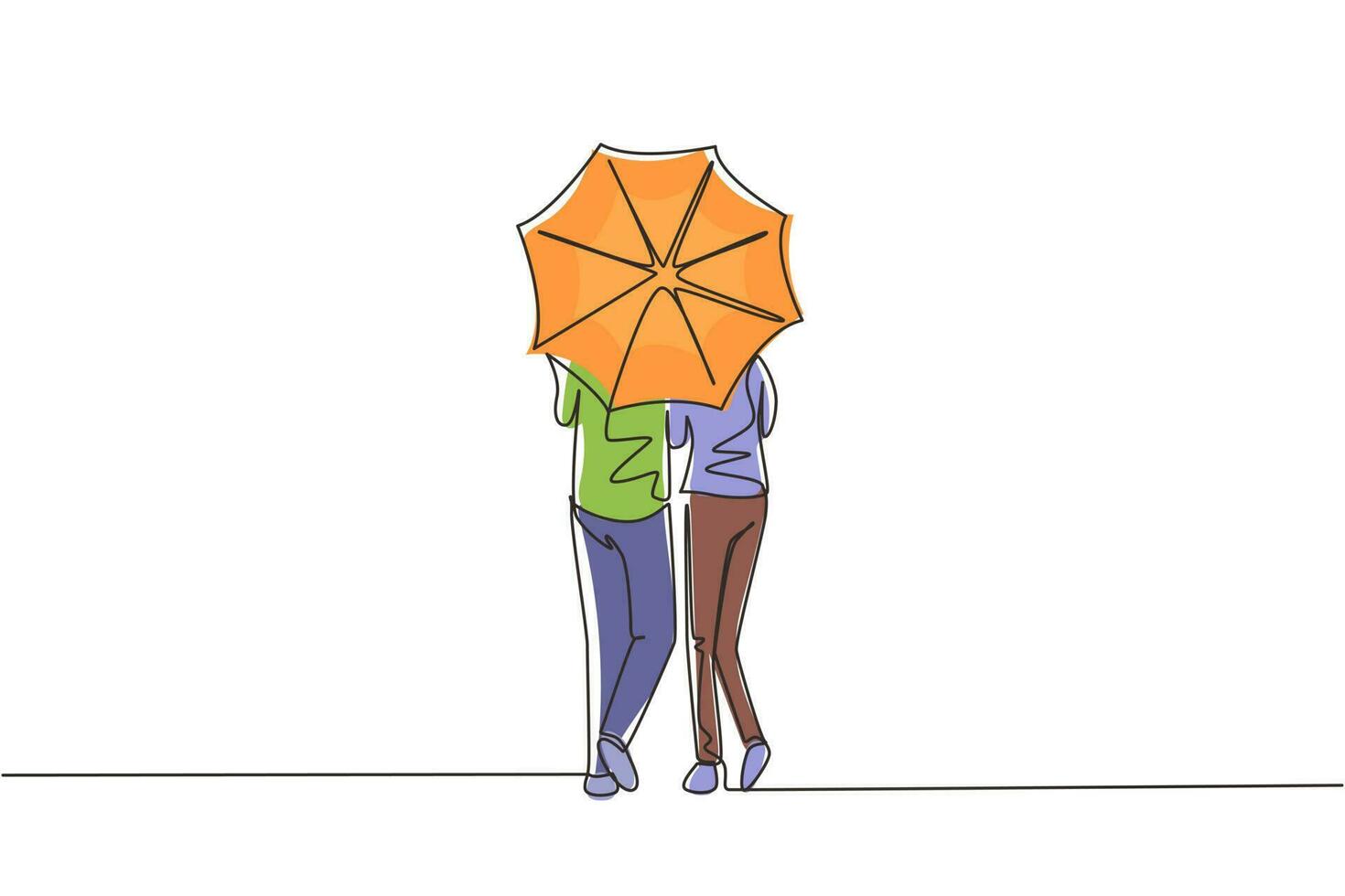 única linha de desenho para trás vista jovem casal homem mulher, linda garota e menino andando segurando guarda-chuva sob chuva. casal romântico no tempo chuvoso de outono. vetor gráfico de desenho de desenho de linha contínua