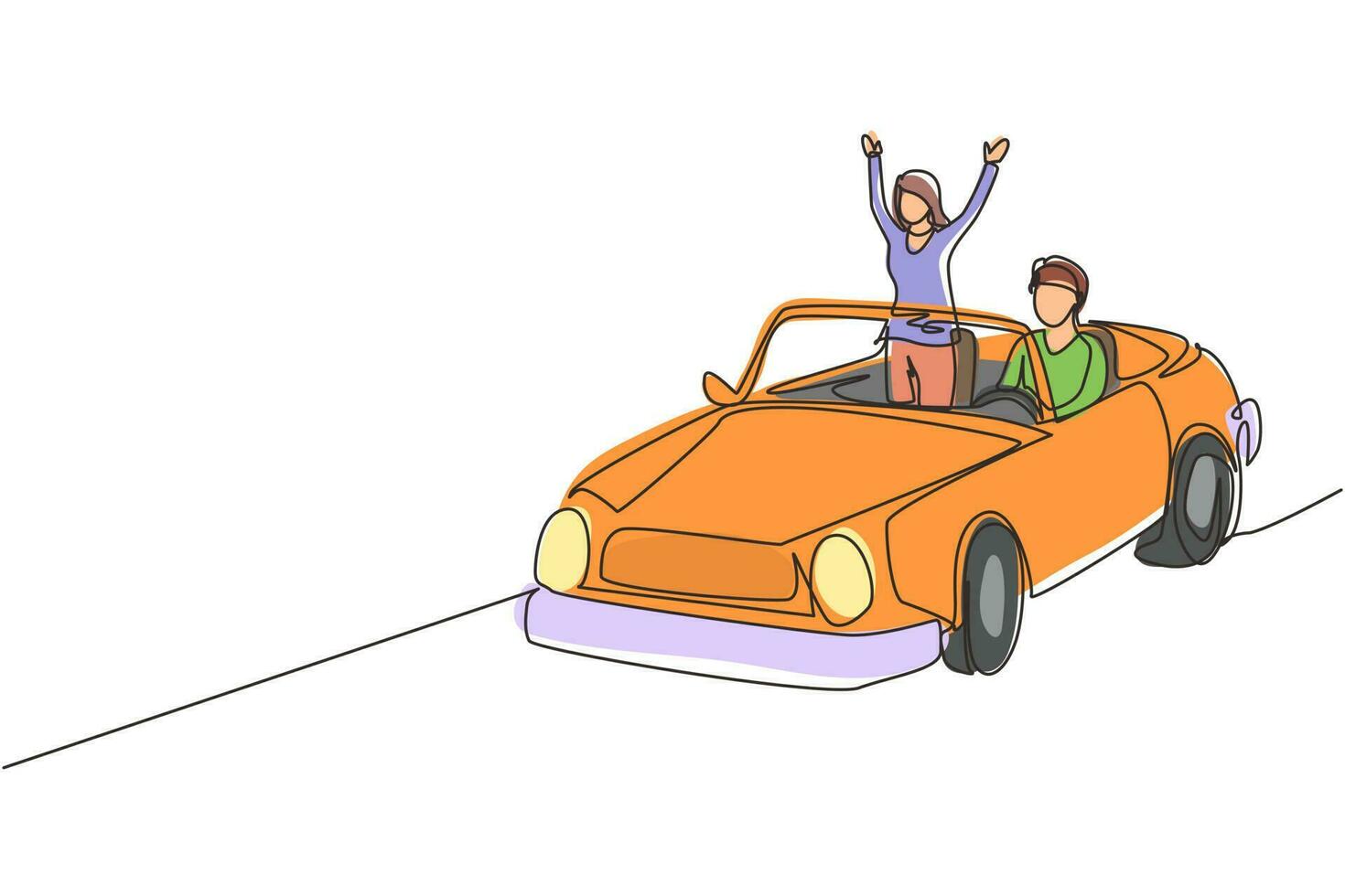 único desenho de linha contínua casal feliz andando de carro indo em viagem. homem romântico e mulher dirigindo um carro conversível. viagem de férias de verão de casal .. vetor de design gráfico de desenho dinâmico de uma linha