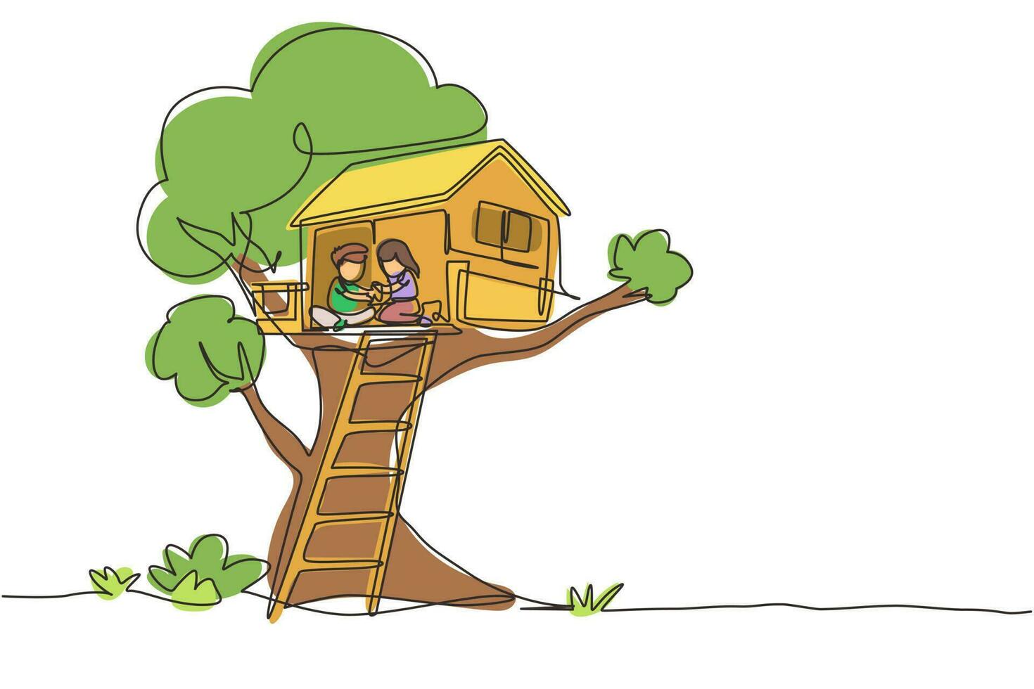 criança de desenho de linha contínua única na casa da árvore, menino e menina brincando no parque infantil, casa na árvore com escada de madeira, lugar para jogos infantis no verão. vetor de design gráfico de uma linha