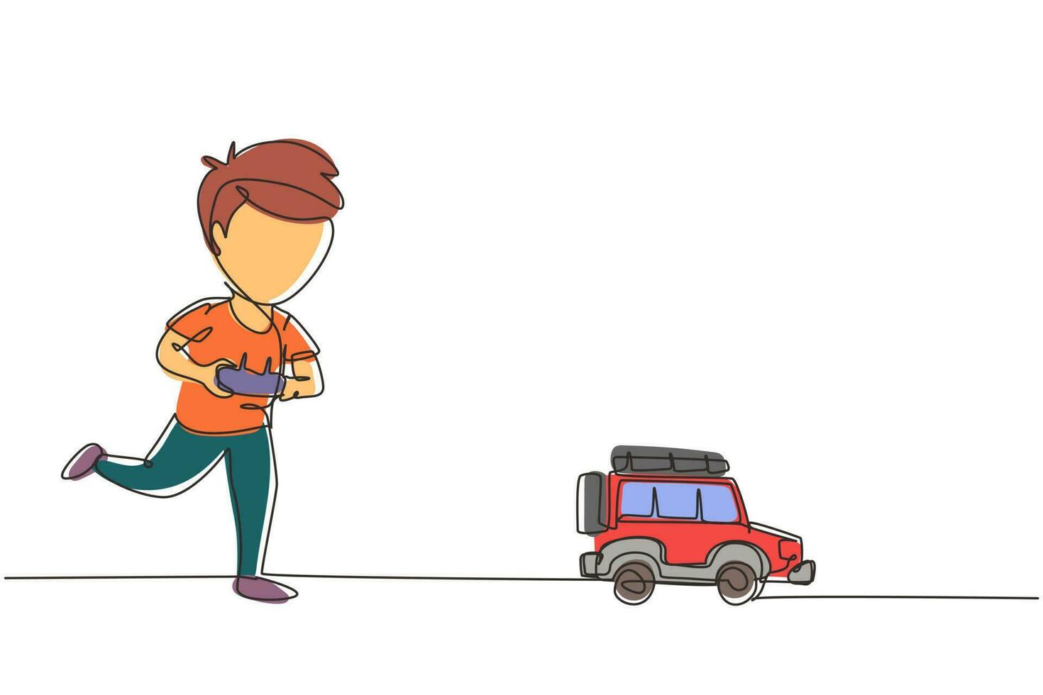 menino de desenho contínuo de uma linha brincando com carro off-road com controle remoto. lindos filhos brincando com carro de brinquedo eletrônico com controle remoto nas mãos. ilustração gráfica de vetor de desenho de linha única