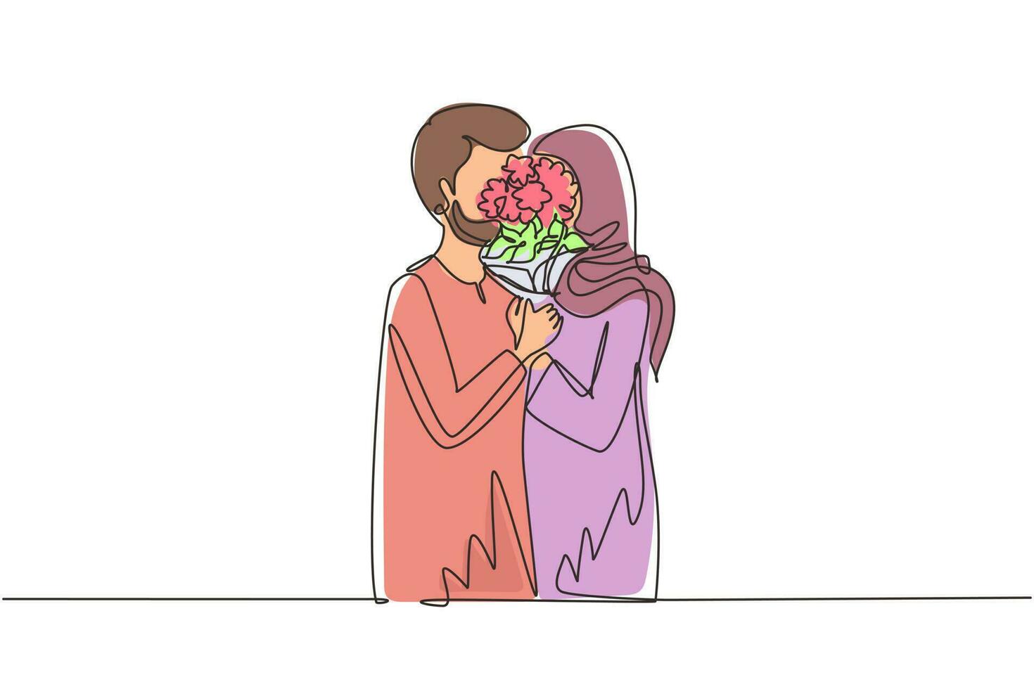 uma linha contínua desenhando jovem casal árabe abraçando e beijando atrás do buquê de flores. feliz homem e mulher comemorando aniversário de casamento. ilustração gráfica de vetor de desenho de linha única