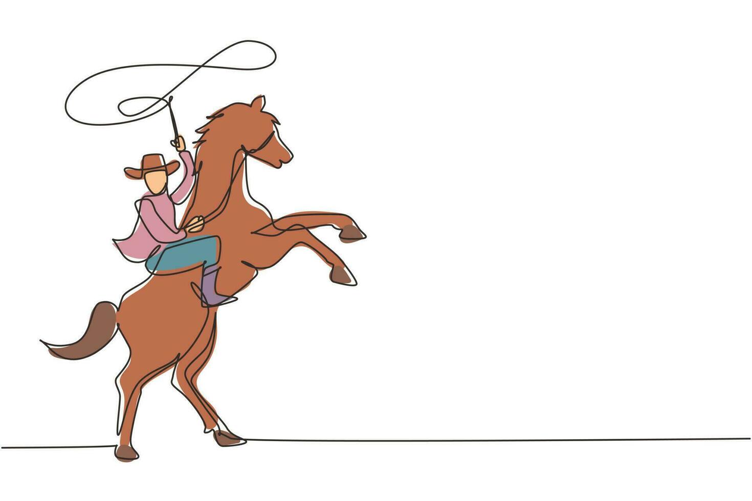 contínuo um desenho de linha cowboy jogando laço montando empinando cavalo. cowboy americano andando a cavalo e jogando laço. cowboy com laço de corda no cavalo. gráfico de vetor de design de desenho de linha única