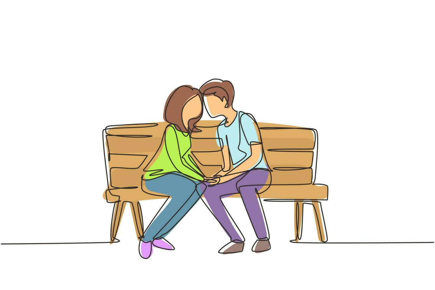 único desenho de uma linha casal se beijando. jovem e mulher cara a cara sentado no banco do parque e beijos engraçados. casal romântico namoro na primavera. vetor gráfico de design de desenho de linha contínua moderno