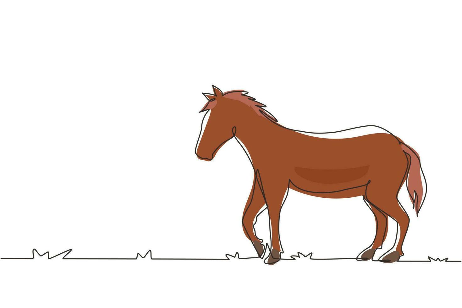 único desenho de uma linha, o cavalo branco orgulhoso anda graciosamente  com o casco dianteiro para a frente. Mustang selvagem galopa na natureza  livre. mascote animal forte. vetor gráfico de design de