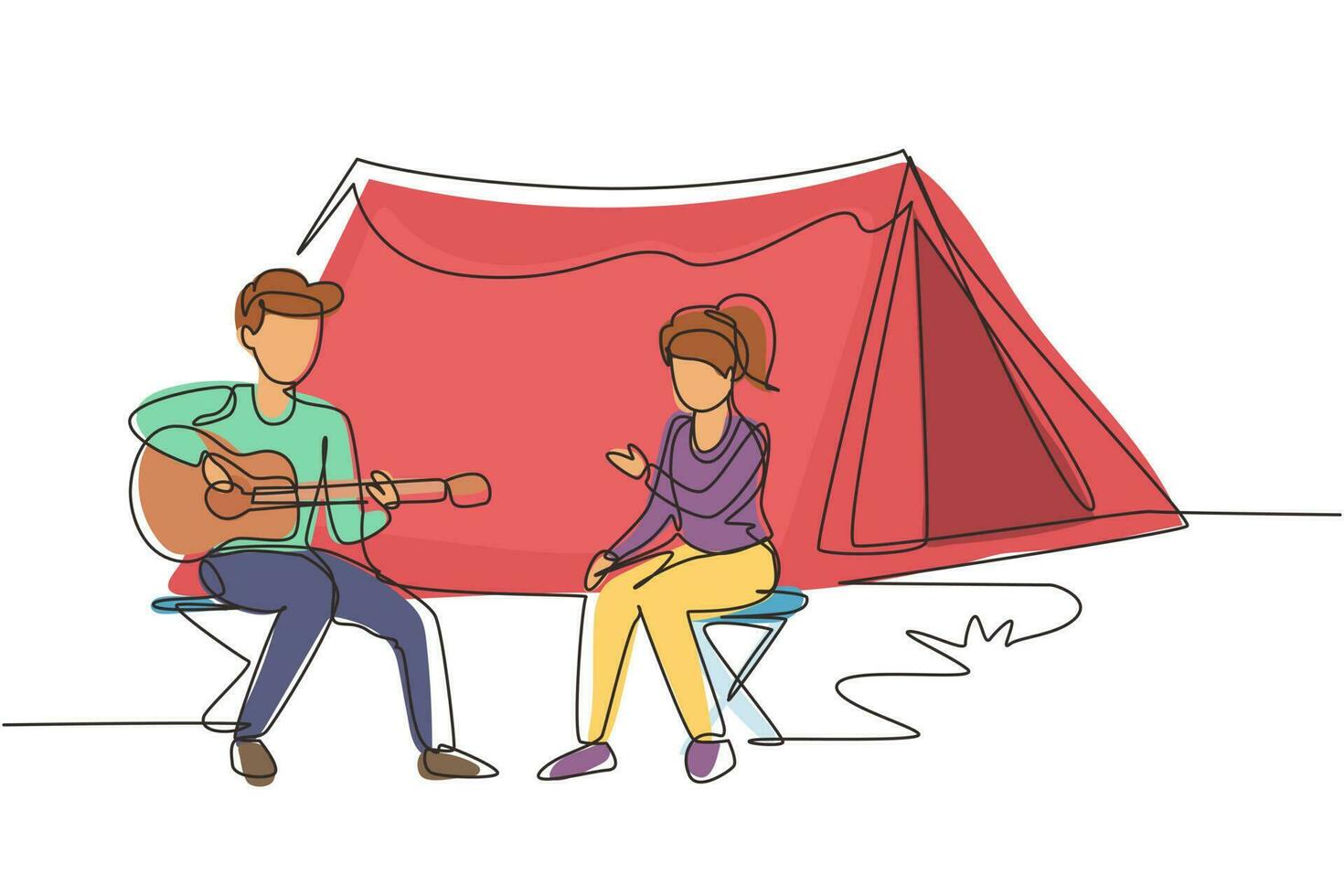 contínuo um desenho de linha casal acampamento turístico. campista sentado ao lado da fogueira ao lado da barraca do acampamento, cara tocando violão, as pessoas gostam de piquenique na natureza. turismo de verão ao ar livre. design de desenho de linha única vetor