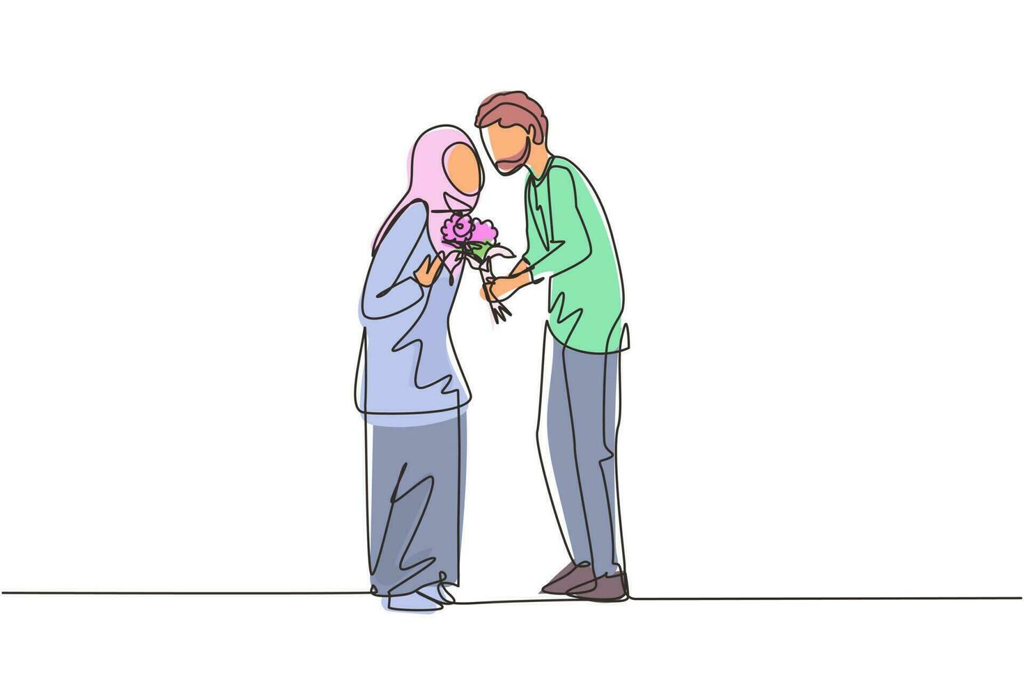 única linha contínua desenhando menino árabe bonito e menina beijando segurando o buquê de flores. beijando casal de jovens amantes. casal romântico apaixonado. uma linha desenhar ilustração em vetor design gráfico