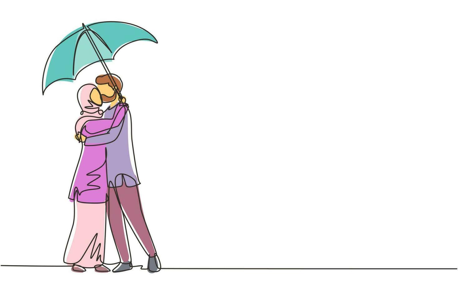 única linha contínua desenhando mulher árabe e homem sob guarda-chuva ficam na chuva e se beijam. amantes do jovem casal se beijando. feliz menino e menina namorando em dia chuvoso. design gráfico de desenho de uma linha vetor