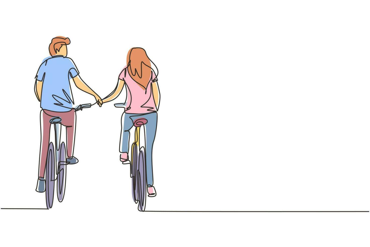 único desenho de uma linha casal feliz anda de bicicleta no prado de volta para a câmera e de mãos dadas. jovem e mulher apaixonada. feliz casal romântico. vetor gráfico de desenho de desenho de linha contínua