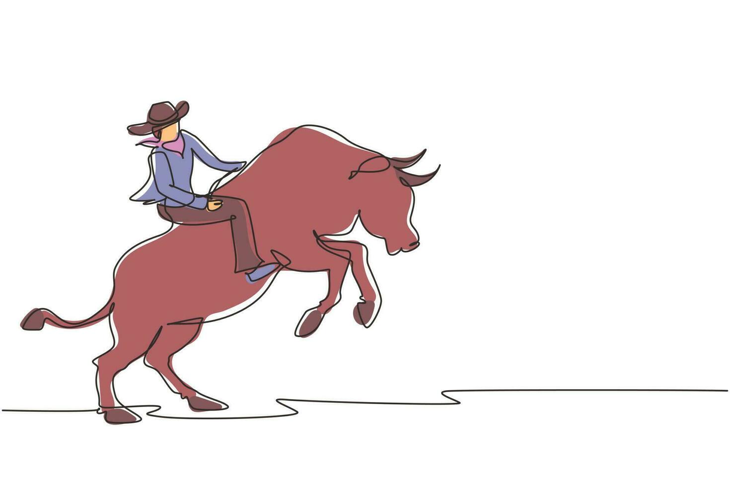 desenho de uma linha contínua forte e corajoso cowboy de chapéu participa de rodeio montando touro selvagem. cowboy montando touro selvagem. emocionante show de rodeio. ilustração gráfica de vetor de desenho de linha única
