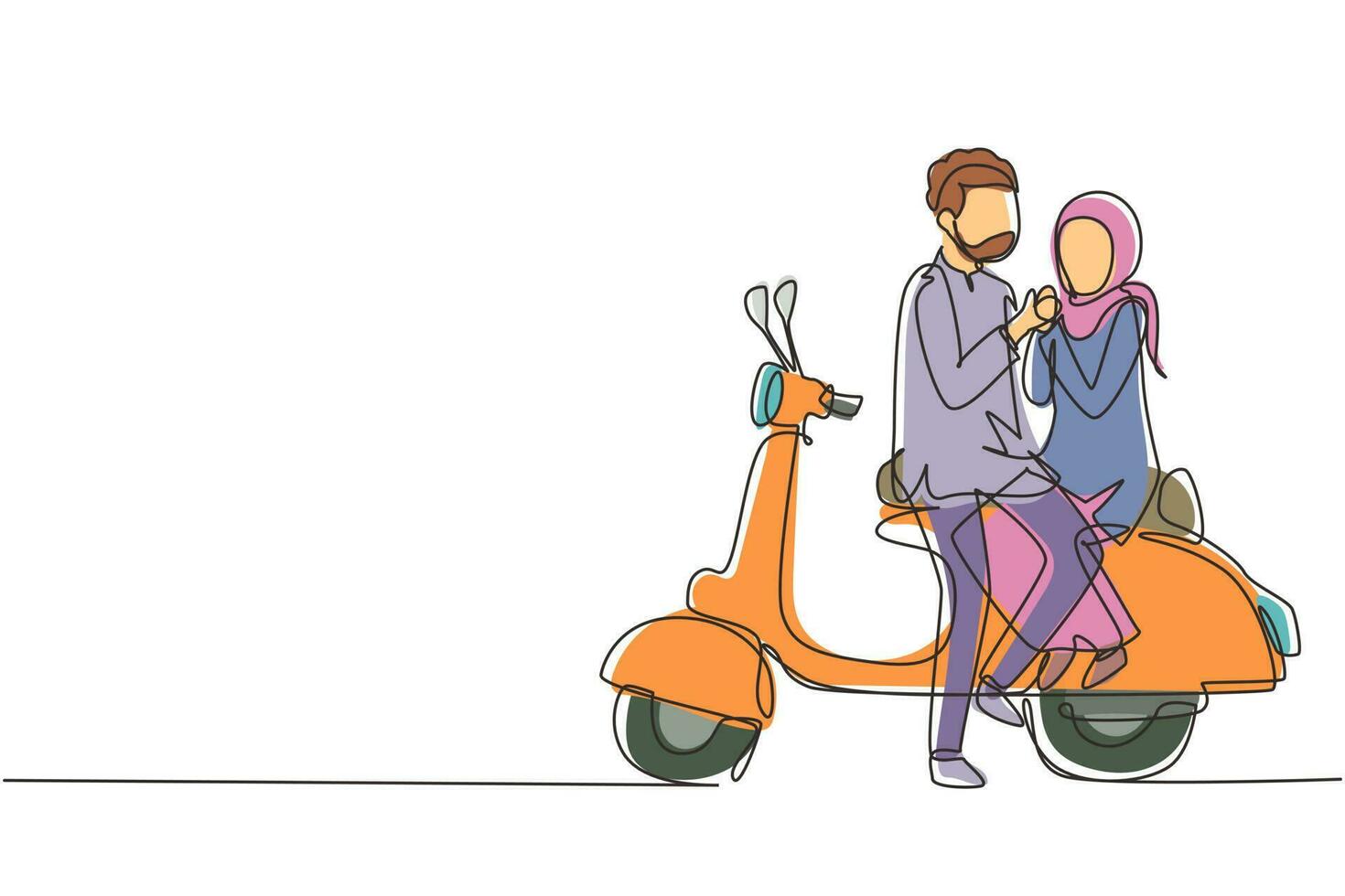 contínuo um desenho de linha cavaleiros árabes casal viagem viagens relax. momentos românticos de lua de mel sentados e conversando na motocicleta. homem com mulher andando de scooter. gráfico de vetor de design de desenho de linha única