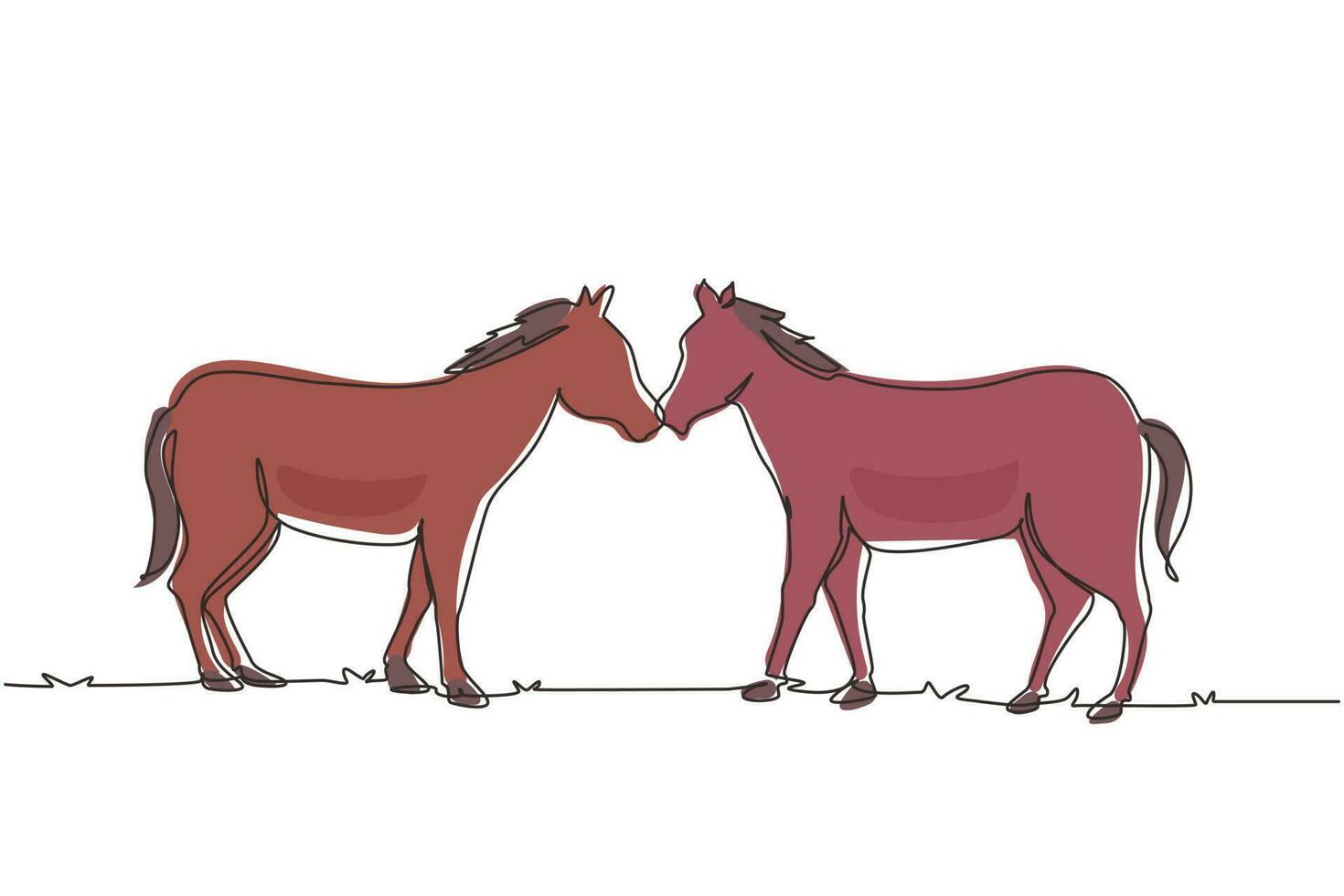 única linha contínua desenhando dois cavalos caminha graciosamente frente a frente. Mustang selvagem galopa na natureza livre. mascote animal para rancho de cavalos. ilustração em vetor design gráfico de desenho gráfico de uma linha dinâmica