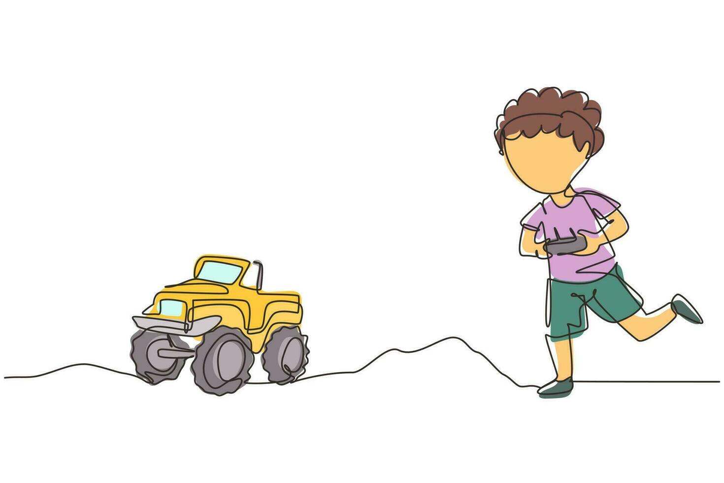 único menino de desenho de linha brincando com brinquedo de caminhão monstro com controle remoto. crianças brincando com caminhão de brinquedo eletrônico com controle remoto nas mãos. ilustração em vetor gráfico de design de linha contínua