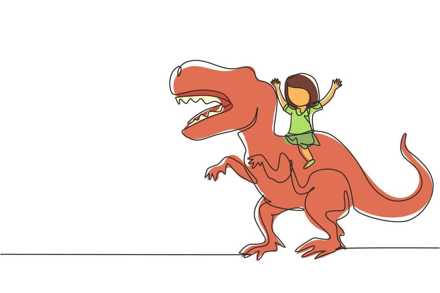 única linha contínua desenho menina caveman montando t-rex tiranossauro. jovem sentado nas costas do dinossauro. crianças da idade da pedra. vida humana antiga. uma linha desenhar ilustração em vetor design gráfico