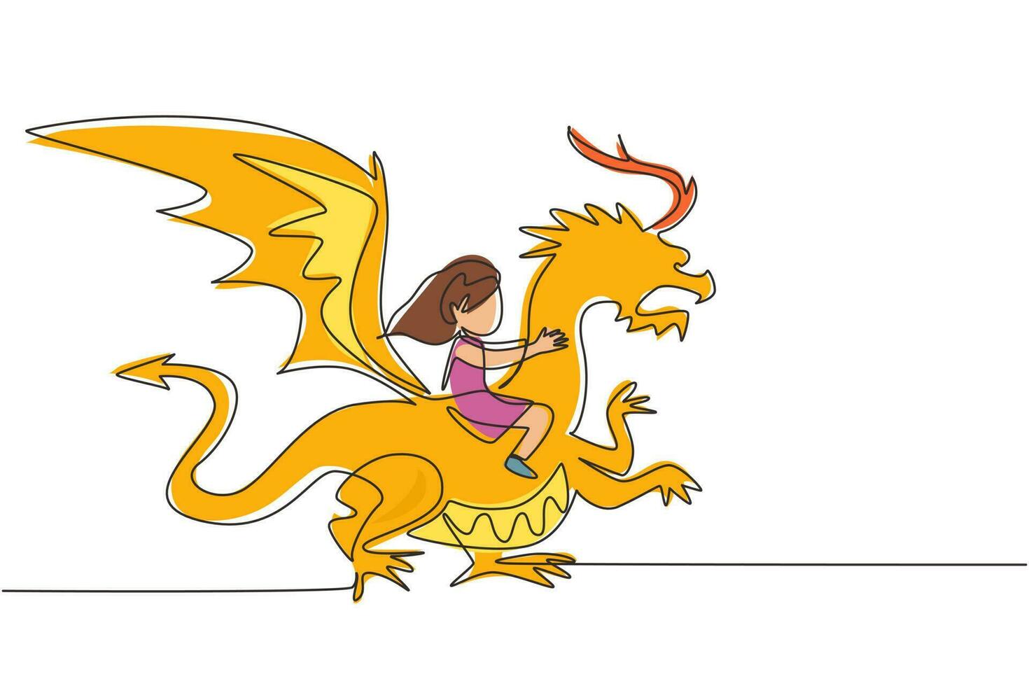 único desenho de uma linha menina feliz voando com dragão de fantasia. criança voar e sentado nas costas do dragão para o céu. conto de fadas imaginário infantil. ilustração em vetor gráfico de desenho de linha contínua