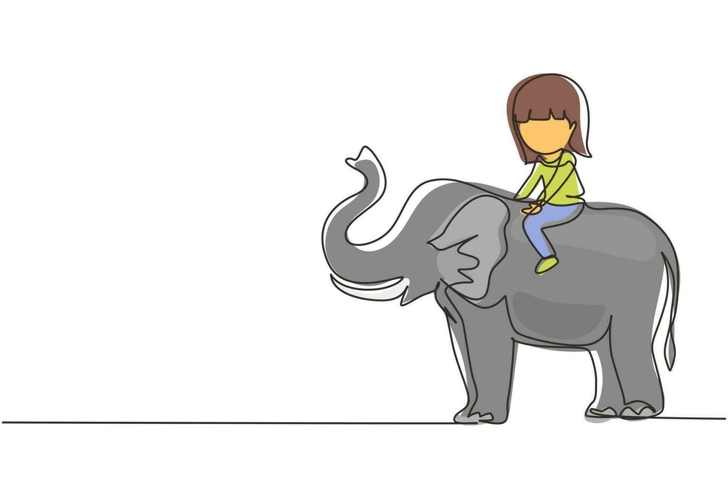 único desenho de uma linha garotinha feliz andando de elefante. criança sentada nas costas do elefante e viajando. crianças aprendendo a andar de elefante. ilustração em vetor gráfico de desenho de linha contínua moderna