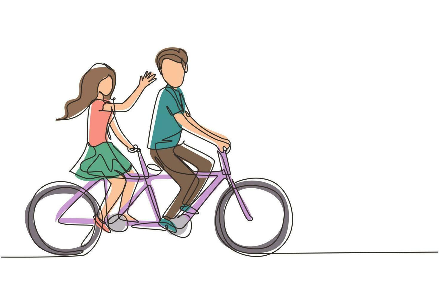 uma linha contínua desenhando casal romântico. casal feliz está andando de bicicleta em tandem juntos. família feliz. intimidade comemora aniversário de casamento. ilustração gráfica de vetor de desenho de linha única