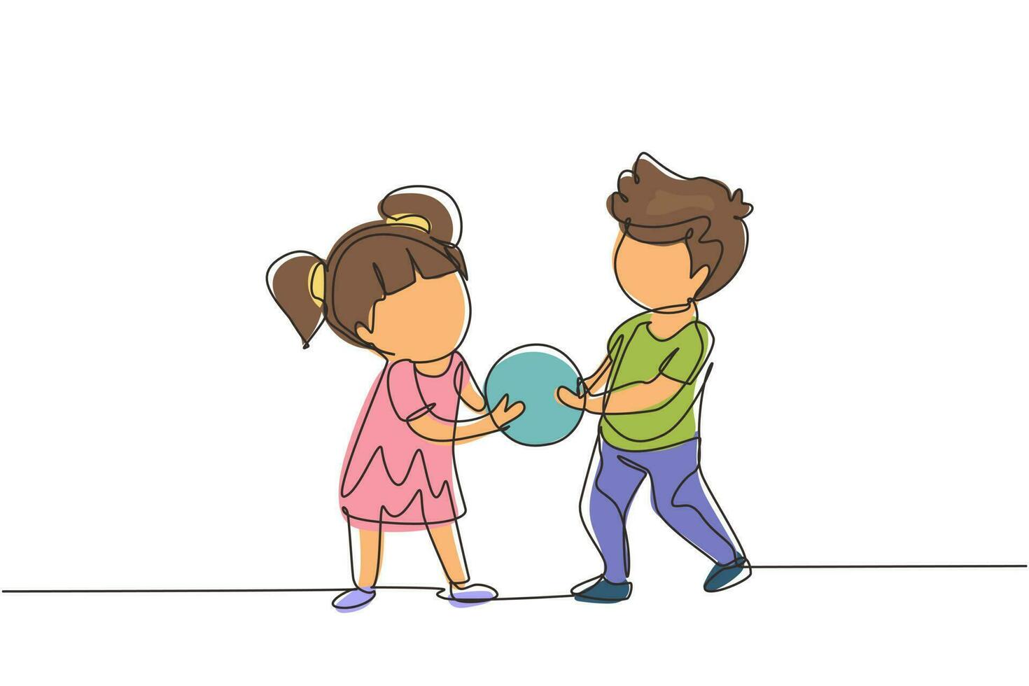 contínua uma linha desenho crianças menina e menino irmão irmã brigando por uma bola. conflito entre as crianças. irmãos de crianças brigando na sala de jogos por causa do brinquedo. gráfico de vetor de design de desenho de linha única