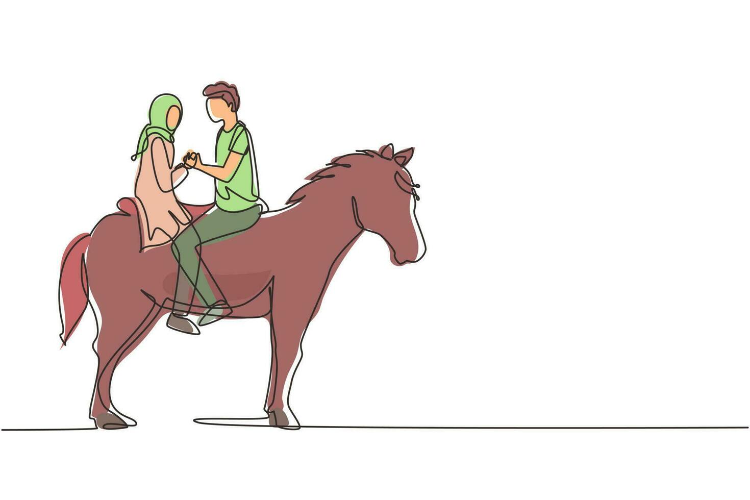 único desenho de linha contínua casal árabe montando cavalos cara a cara ao pôr do sol. homem feliz fazendo proposta de casamento para mulher. noivado e relacionamento amoroso. vetor de design gráfico de desenho dinâmico de uma linha