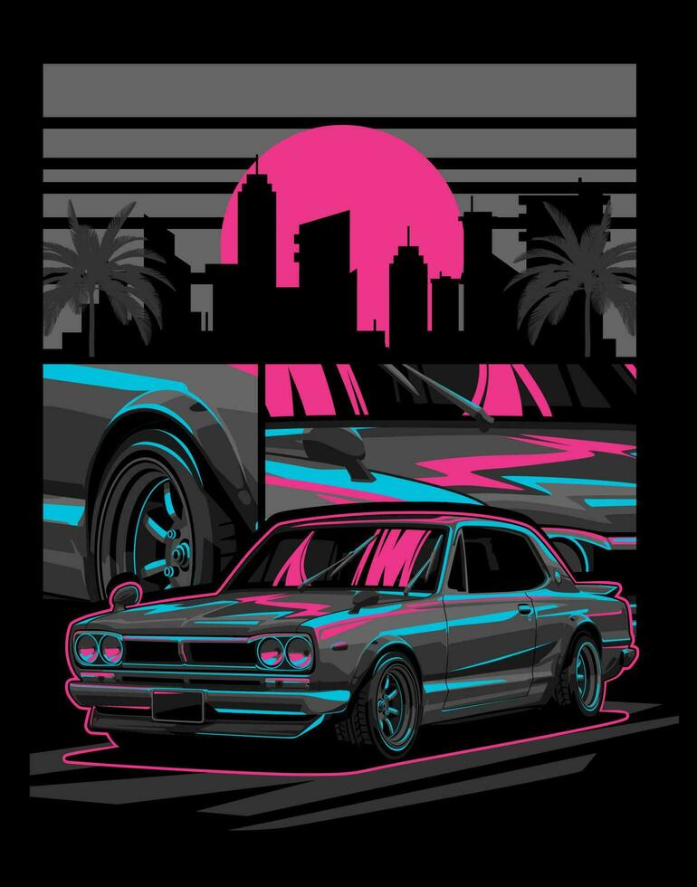 esporte carro retro néon cor vetor ilustração