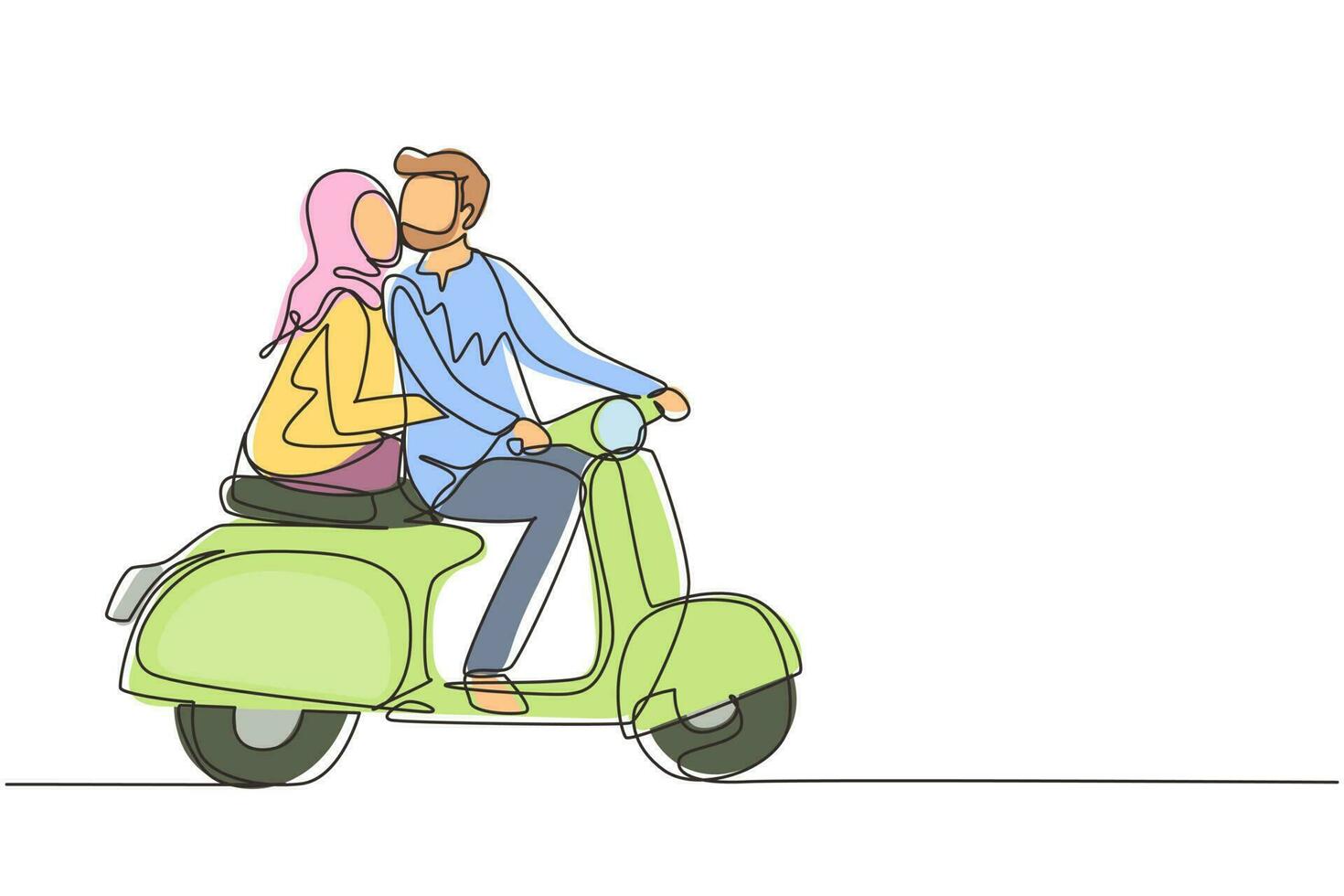 casal árabe de desenho de linha contínua com vintage de scooter, conceito de pré-casamento. homem e mulher com moto, relacionamento amoroso. viagem romântica, viagem. vetor de design de desenho de linha única