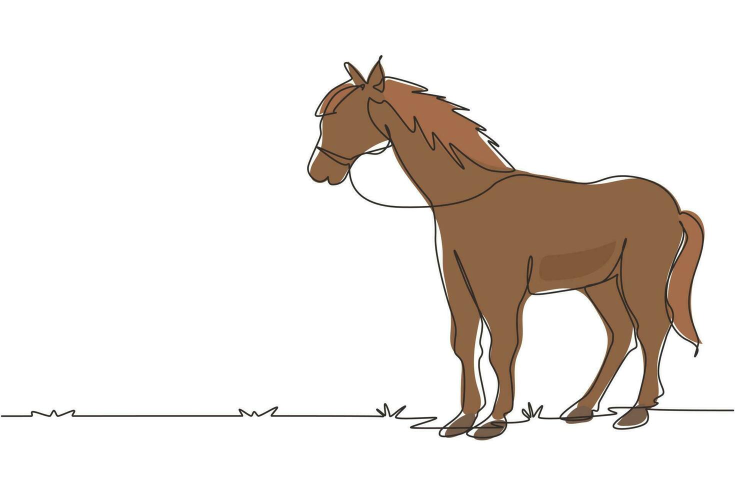 cavalo de desenho contínuo de uma linha parado, sem se mover, observando. caráter forte. campo equestre. símbolo de corrida de cavalos, esporte equestre. ilustração gráfica de vetor de design de linha única