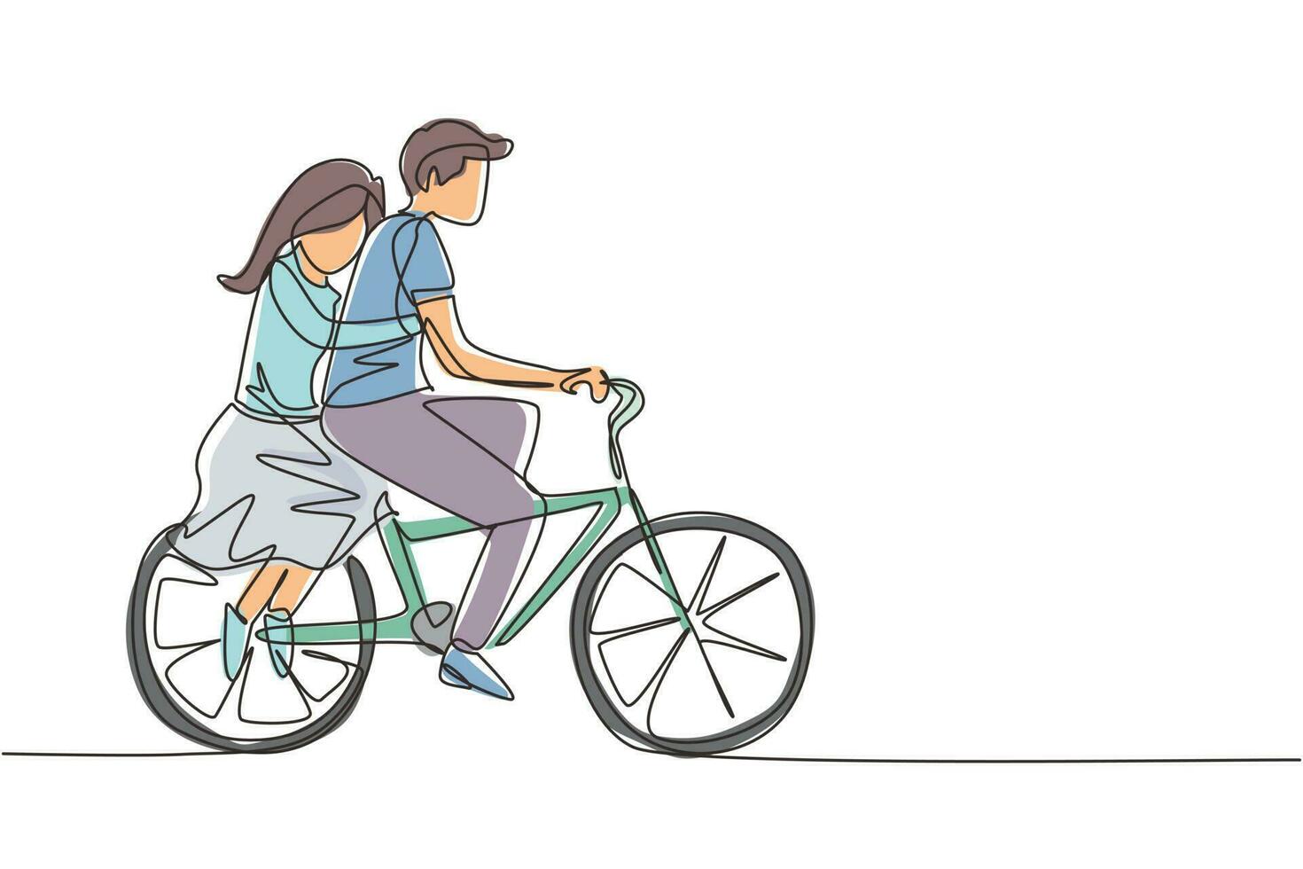uma linha contínua desenhando casal romântico. casal feliz está andando de bicicleta juntos. conceito de família feliz. intimidade comemora aniversário de casamento. ilustração gráfica de vetor de desenho de linha única