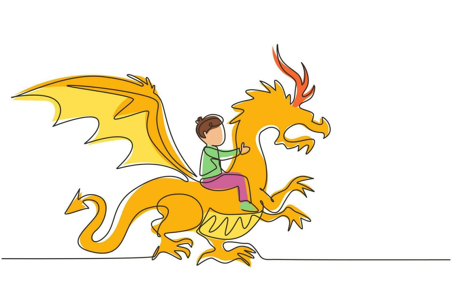 desenho contínuo de uma linha menino feliz voando com dragão de fantasia. criança voar e sentado nas costas do dragão para o céu. conto de fadas imaginário infantil. ilustração gráfica de vetor de desenho de linha única