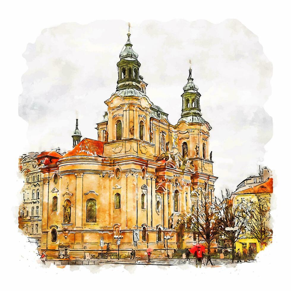 praga república tcheca esboço em aquarela ilustração desenhada à mão vetor