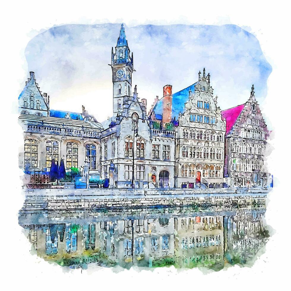 gante bélgica esboço em aquarela ilustração desenhada à mão vetor