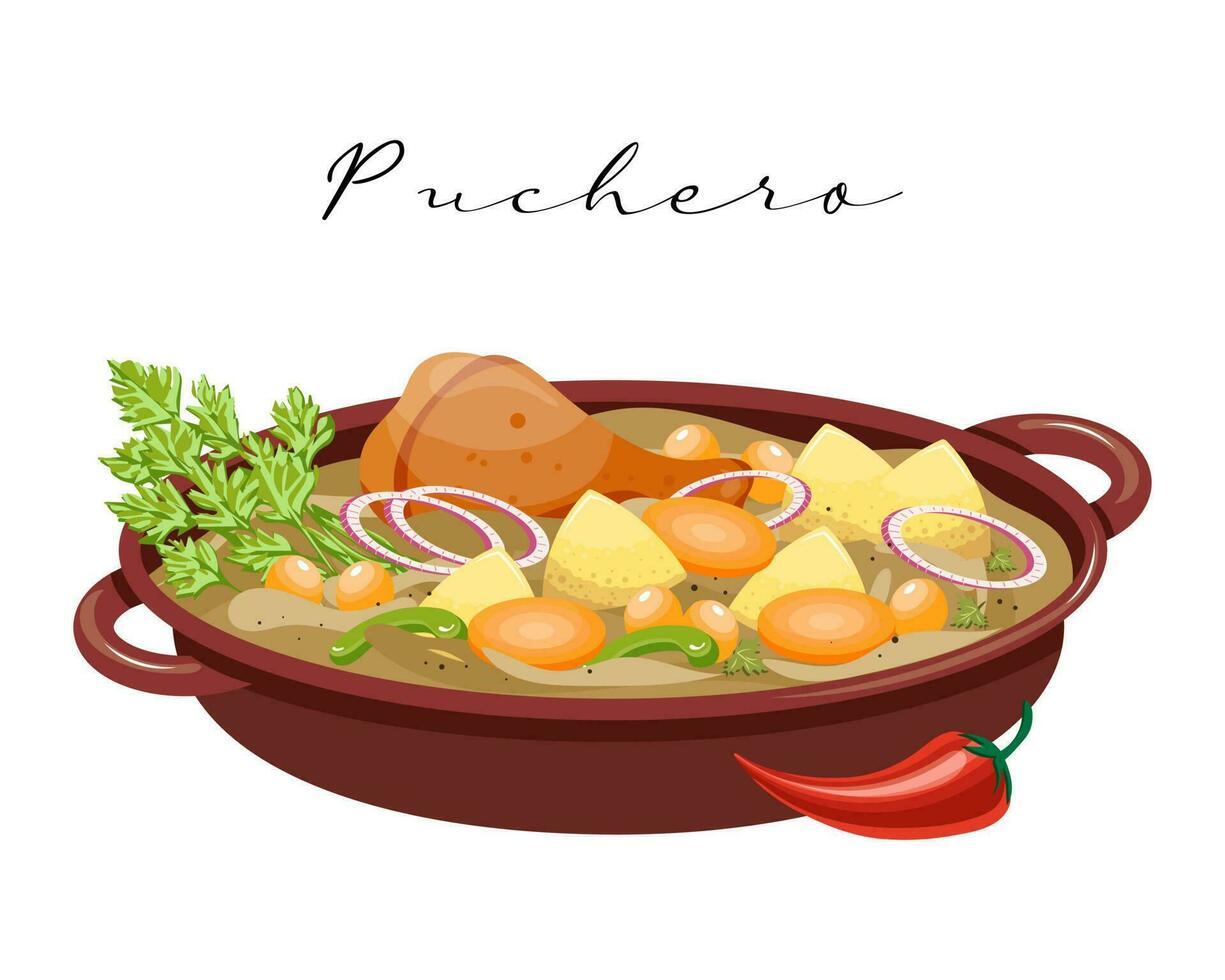 puchero de prato quente, legumes cozidos com carne, cozinha latino-americana. ilustração de comida, vetor