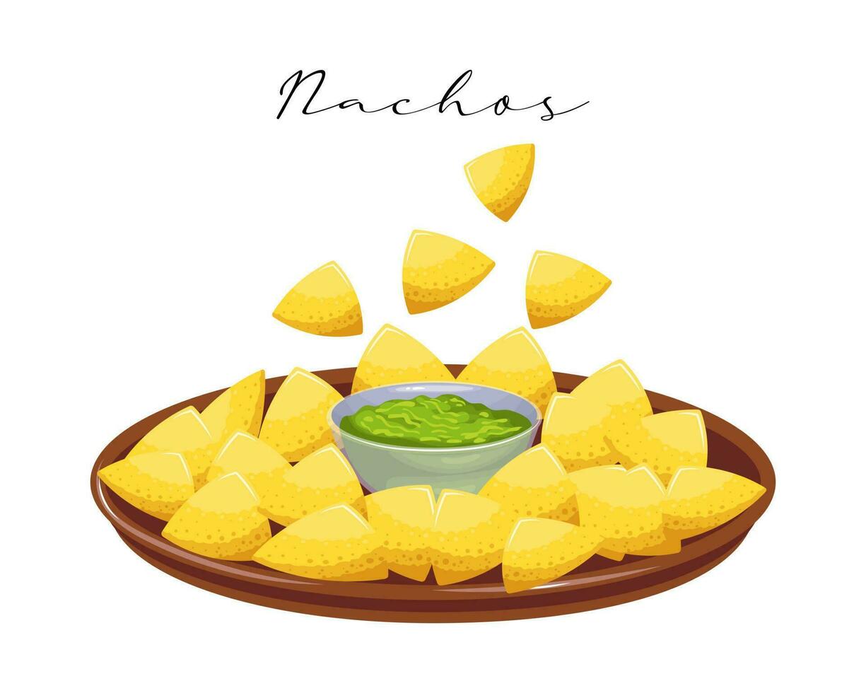 nachos, chips de milho com guacamole de molho de abacate, cozinha latino-americana. cozinha nacional do méxico. ilustração de comida, vetor