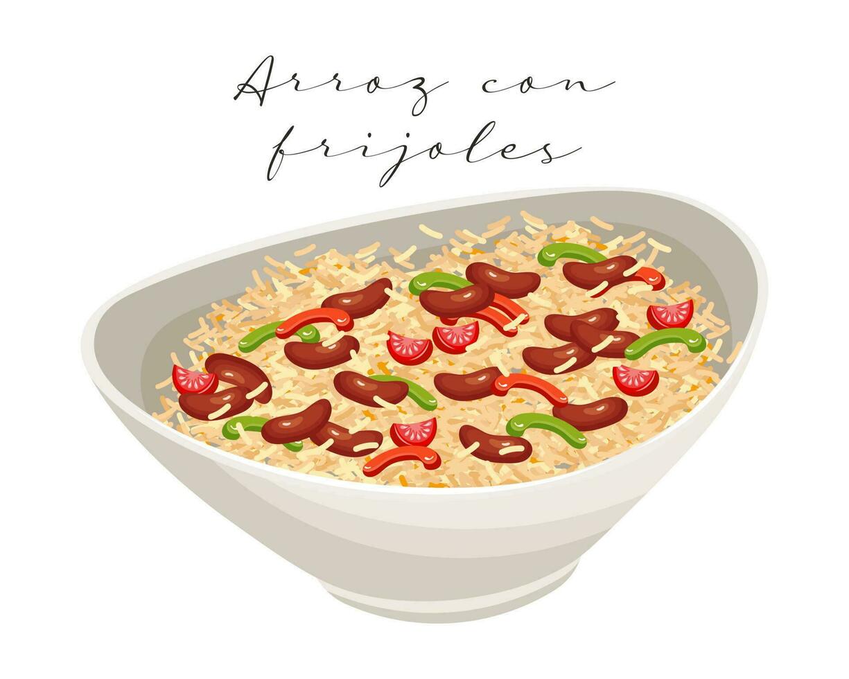 arroz com feijão preto em prato fundo, cozinha latino-americana. ilustração de comida, vetor