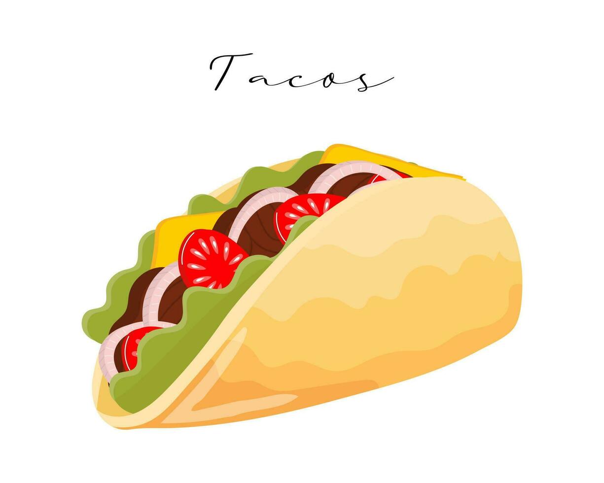 tacos com feijão e legumes, cozinha latino-americana. cozinha nacional do méxico. ilustração de comida, vetor